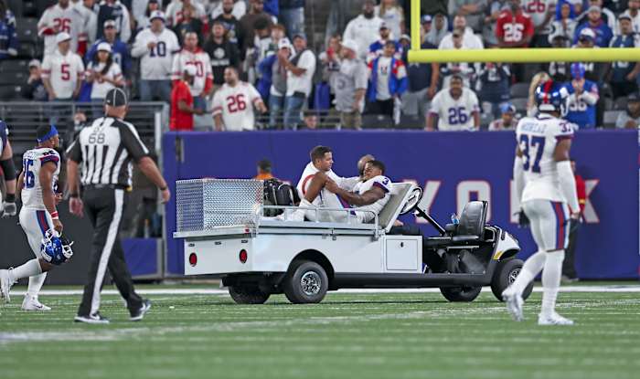 Sep 26, 2022; East Rutherford, New Jersey, USA; New York Giants wide receiver Sterling Shepard (3) leaves on a cart after injuring himself during the second half against the Dallas Cowboys at MetLife Stadium.